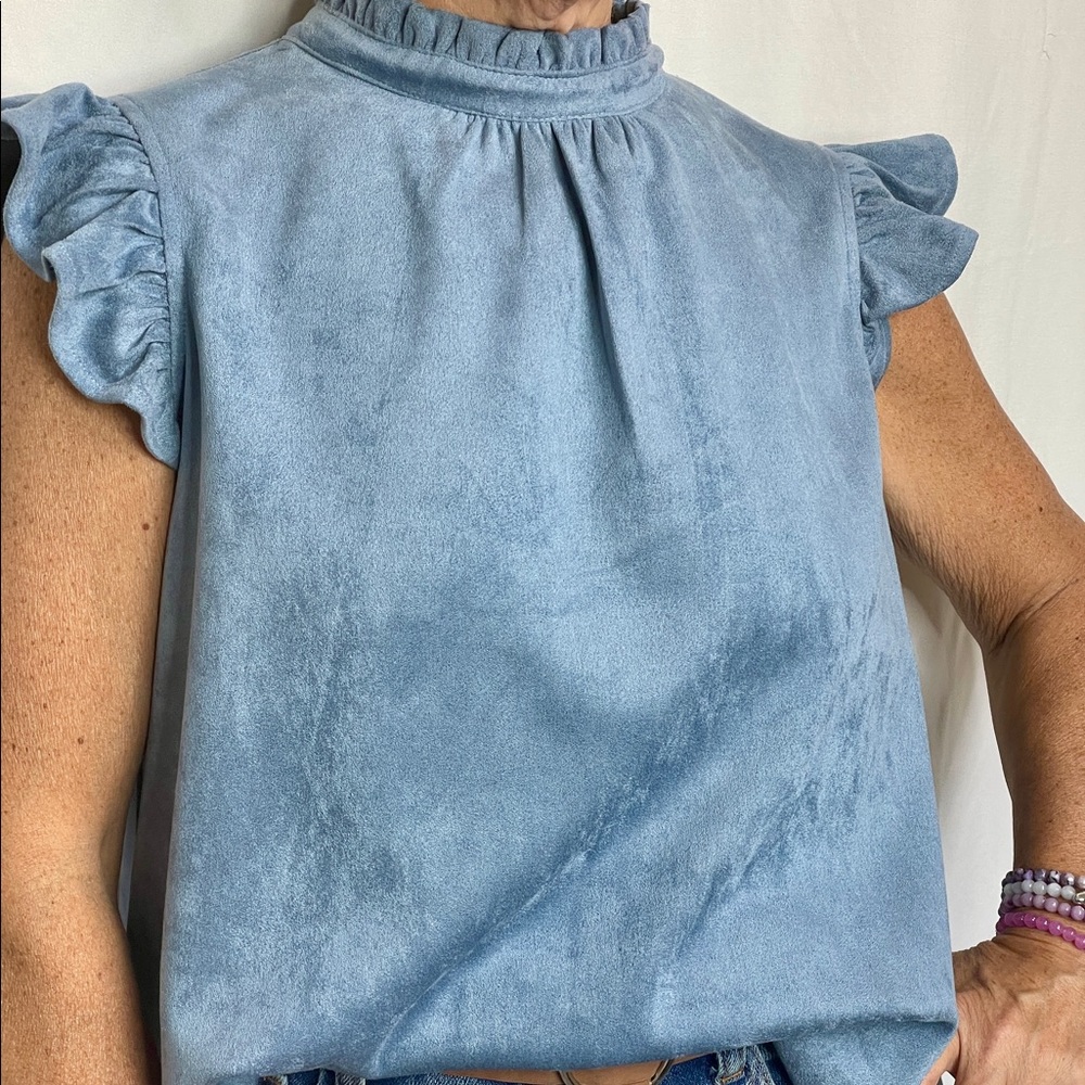 Faux Suede Ruffled Top Available in Slate Blue or Salsa Red NWT